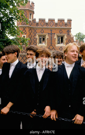 Queen Elizabeth II visits Eton College on 550th anniversary of the school. Boys line up to see Queen Windsor Berkshire.29th May1990 1990s HOMER SYKES Stock Photo