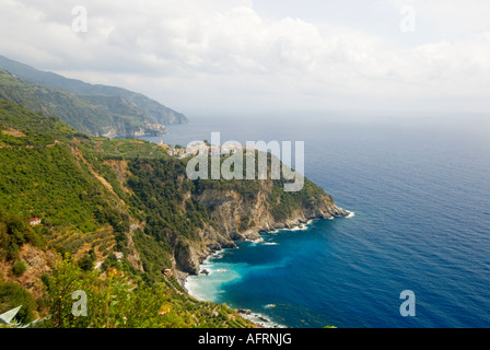 View of Corniglia Cinque Terre Italy from the coastal hiking trail Stock Photo