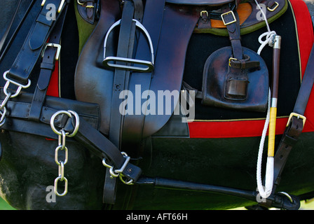 horse tack stirrups saddle bridle girth and appendages on a horse of the kings troop royal horse artillery on ceremonial duties Stock Photo