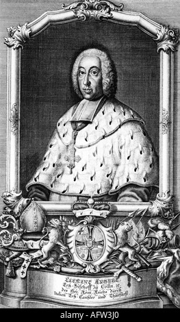 Clemens August I, 16.8.1700 - 6.2.1761, German clergyman, archbishop of Cologne 1723 - 1761, half length, engraving by F.Lippolt, 18th century,  religion, christianity, bishop, elector, Bavaria, coat of arms, Wittelsbach, , Stock Photo