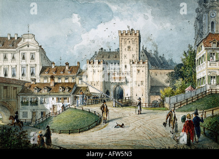 geography / travel, Germany, Munich, gates, Isartor, lithograph, middle