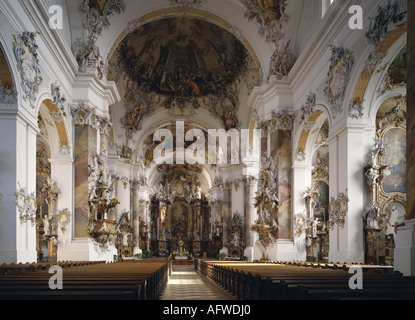 geography/travel, Germany, Bavaria, Ottobeuren, churchesand convents, basilica Saint Alexander and Saint Theodore, interior view, view at high altar, 1737 - 1766, built by Simpert Kramer and Johann Michael Fischer, , Additional-Rights-Clearance-Info-Not-Available Stock Photo