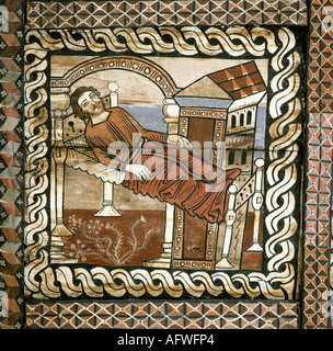 geography / travel, Switzerland, Grisons, Zillis, churches and convents, Saint Martin, interior view, ceiling paintings, detail, doubts of Joseph, wood painting, 1109 - 1114, , Additional-Rights-Clearance-Info-Not-Available Stock Photo