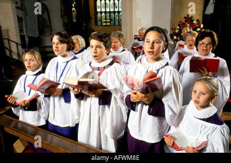 St Mary the Virgin church choir Rye, Sussex 1990s. Young people and adults getting involved practice before Sunday morning church service. HOMER SYKES Stock Photo