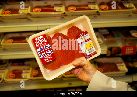 British beef branding discounted save 20% close up of packet in supermarket, packaging carries a Union Jack Flag. London 1990s UK HOMER SYKES Stock Photo