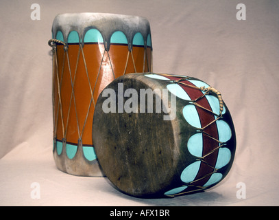 Indian drums made by Taos Indians for sale in a shop in Taos Indian Pueblo Stock Photo