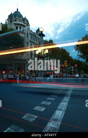 Early evening image of La Ramblas, Barcelona with motion speed trails from passing vehicles Stock Photo