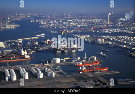 Netherlands Rotterdam Oil and container storage by sea Aerial Stock Photo