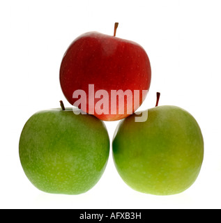 One red apple and two green apples Stock Photo