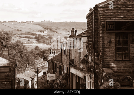 The village street in Haworth Yorkshire UK (Sepia Image) Stock Photo