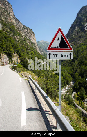Warning sign road sign for falling rocks, Alpes Maritimes mountain road, Provence, France, Europe Stock Photo