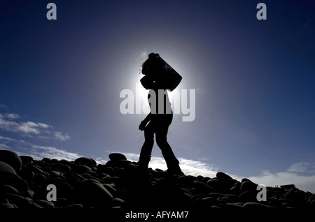 An active tidy beach campaigner collecting rubbish at Westward Ho! pebble beach  Devon UK Stock Photo