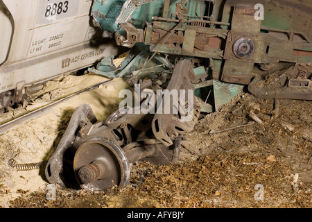 Details of a railroad derailment including spilled soybean cargo - New England Central Railroad (NECR) Stock Photo