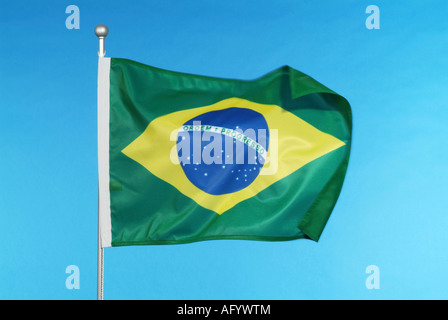 Brazilian national flag against blue sky Stock Photo