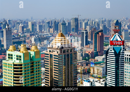 Shanghai Skyline, Puxi is a central neighborhood of Shanghai located to the west of the Huangpu River. Stock Photo