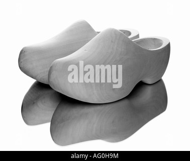 Closeup of a pair of plain traditional wooden Dutch clogs Stock Photo