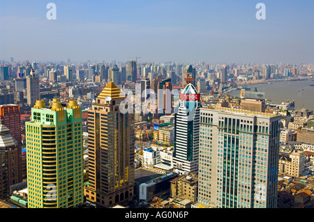 Shanghai Skyline, Puxi is a central neighborhood of Shanghai located to the west of the Huangpu River. Stock Photo