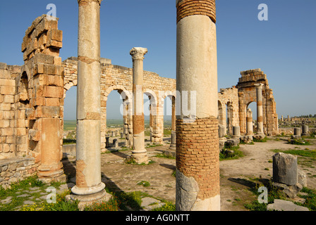 The Ruined Basilica at the Ancient Roman City of Volubilis, Morocco Stock Photo