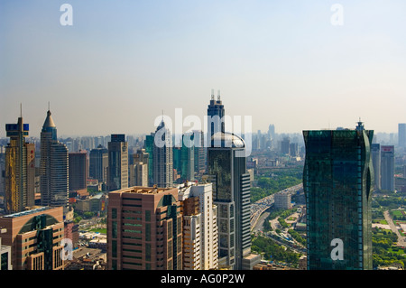 Shanghai Skyline, Puxi is a central neighborhood of Shanghai located to the west of the Huangpu River. Stock Photo