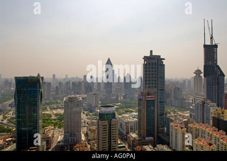 Shanghai Skyline, Puxi is a central neighborhood of Shanghai located to the west of the Huangpu River. Stock Photo