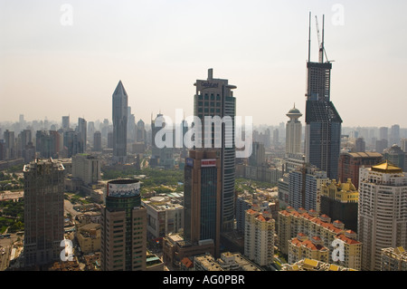 Shanghai Skyline, Puxi is a central neighborhood of Shanghai located to the west of the Huangpu River. Stock Photo