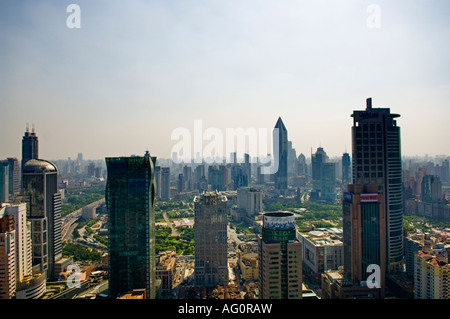 Shanghai Skyline, Puxi is a central neighborhood of Shanghai located to the west of the Huangpu River. Stock Photo