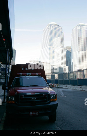 FDNY fire tender parked outside rebuilt reoccupied engine 10 ladder 10 firehouse liberty street Stock Photo