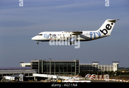 flybe BAe 146 aircraft landing at Birmingham International Airport, West Midlands, England, UK Stock Photo
