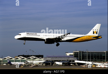 Monarch Airbus A321 aircraft landing at Birmingham International Airport, West Midlands, England, UK Stock Photo