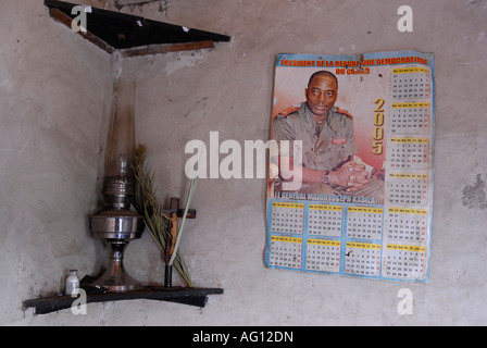 2005 Calendar with figure of president Joseph KABILA in a house in North Kivu province, DR Congo Africa Stock Photo