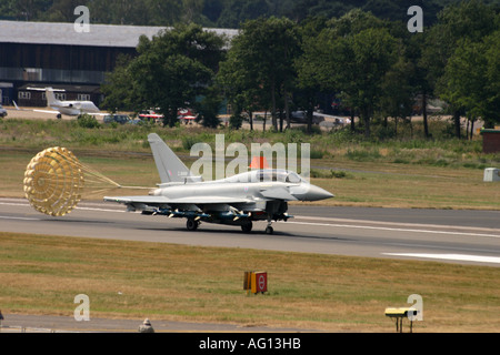 Eurofighter Typhoon fitted with laser guided bombs lands after its flying display at Farnborough International Air Show 2006 Stock Photo