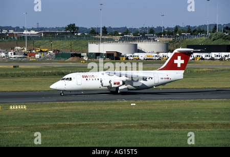 Swiss Avro RJ85 aircraft about to take off at Birmingham International Airport, West Midlands, England, UK Stock Photo