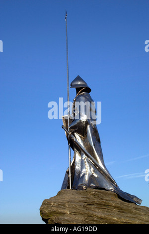 Stainless Steel Statue of Llywelyn ap Grufydd Fychan by Toby and Gideon Petersen which stands outside Llandovery castle Stock Photo