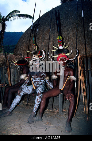 geography / travel, Indonesia, people, Dani tribe men with war decoration and paint, Island New Guinea, (Irian Jaya), Baliem valley, , Additional-Rights-Clearance-Info-Not-Available Stock Photo