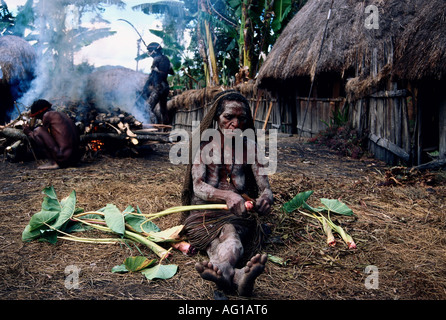 geography / travel, Indonesia, people, Dani tribe woman preparing vegetables,  Island New Guinea, Irian Jaya, Baliem valley, , Additional-Rights-Clearance-Info-Not-Available Stock Photo