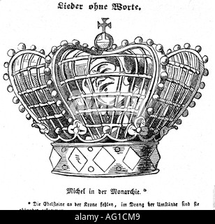 Deutscher Michel, personification of the German nation, caricature, cartoon, 'Michel in der Monarchie' (Michel in the monarchy), from 'Eulenspiegel', 1848, Stock Photo