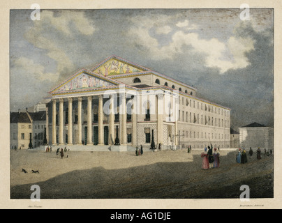 geography/travel, Germany, Munich, theater/theatre, royal court theatre, built by Karl von Fischer (1782 - 1820), exterior view, circa 1840,