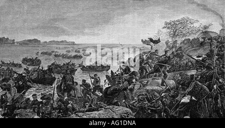 events, Second War of Schleswig 1864, Battle of Als, 29.6.1864, Prussian troops crossing the Alssund, wood engraving after drawing by Georg Bleibtreu (1828 - 1892), Danish Prussian War, Germany, Denmark, Prussia, battle, soldiers, landing, warfare, historic, historical, Als, sound, Alsen, Sund, 19th century, Wars of German Unification, people, Stock Photo