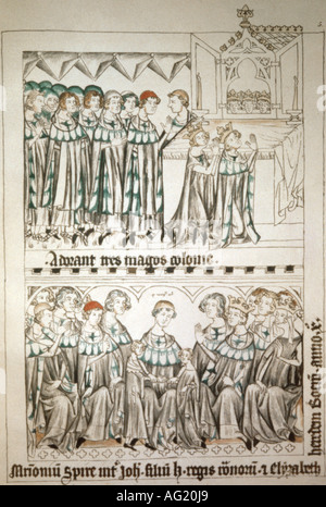 Henry VII, circa 1275 - 24.8.1313, Holy Roman Emperor 29.9.1312 - 24.8.1313, above: at shrine of the Magi, Cologne, below: marriage of his son John with Elizabeth of Bohemia 1310, drawing on vellum, Balduineum, 1341, Koblenz, Count of Luxembourg, wife Margaret of Brabant, middle ages, 14th century, Gothic, German, fine arts, painting, , Stock Photo