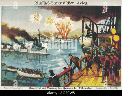 events, Russo-Japanese War 1904 - 1905, naval battle and landing of the Japanese at Chelmupo, 8.2.1904, engraving, Neuruppin, Russia, Japan, Korea, Asia, 20th century, Russo, historic, historical, people, 1900s, Stock Photo
