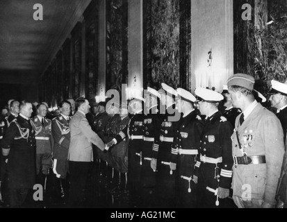 geography / travel, Spain, Spanish Civil War 1936 - 1939, Legion Condor, reception of officers in the New Reich Chancellery, Reich Chancellor Adolf Hitler, General Hermann Goering, Admiral Erich Raeder, Berlin, 5.6.1939, German armed forces, air force, Luftwaffe, navy, Kriegsmarine, army, Germany, uniform, uniforms, soldiers, ceremony, handshake, shaking hands, Third Reich, National Socialism, Nazism, Wehrmacht, Goring, 20th century, historic, historical, 1930s, Erhard Milch, Göring, male, man, men, people, Stock Photo