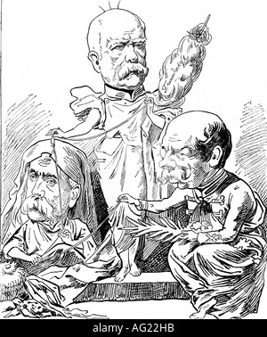 Bismarck, Otto von, 1.4.1815 - 30.7.1898, German politician, Chancellor 21.3.1871 - 20.3.1890, caricature, Triple alliance 1882, the fates and the fibre of friendship, 'Lustige Blätter', engraving, politics, Germany, Gustav Count Kalnoky, Austria-Hungary, Francesco Crsipi, Italy, historic, historical, Prince, Austria, Hungary, , Stock Photo