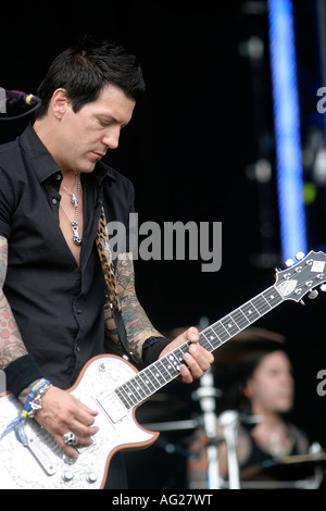 Keith Nelson, Guitar, Buck Cherry, a Los Angeles rock band, now in its second incarnation reformed in 2005, Download Rock Festival at Donnington Park, Leicestershire, Josh Todd, Vocals, Keith Nelson, Guitar ,Stevie D, Guitar, (hat), Xavier Muriel, Drums, Jimmy Ashurst, Bass, 8th 10th June 2007 Stock Photo