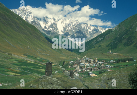 Valley in the Massif of Shkhara Mountain village of Ushguli highest village in Europe Georgia Stock Photo