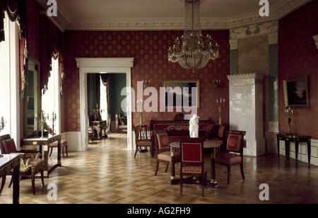 geography/travel, Germany, Hesse, Kassel, buildings, Wilhelmshöhe castle, interior view, 1786 - 1798, built by Simon Lois du Ry and Heinrich Christoph Jussow, historic, historical, Europe, architecture, castles, classicism, Wilhelmshoehe, Wilhelmshohe, table, chairs, tiled stove, Additional-Rights-Clearance-Info-Not-Available Stock Photo