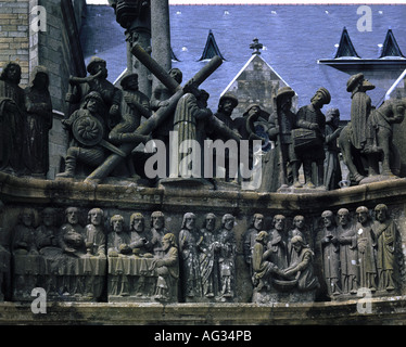 geography / travel, France, Plougastel-Daoulas, monuments, calvary, detail, Last Supper, foot washing and Christ carrying the cross, 1602 - 1604, Stock Photo
