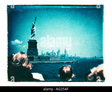 Polaroid transfer image of tourists at the Statue of Liberty circa 1960s Stock Photo
