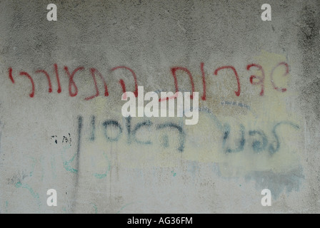 A sentence in Hebrew that reads "Sdereot wake up before the disaster" is sprayed on a wall at the southern town of Sderot Israel Stock Photo