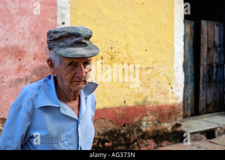 Portrait of an elderly man wearing a blue shirt on a street in Trinidad Cuba Province of Sancti Espiritus Stock Photo