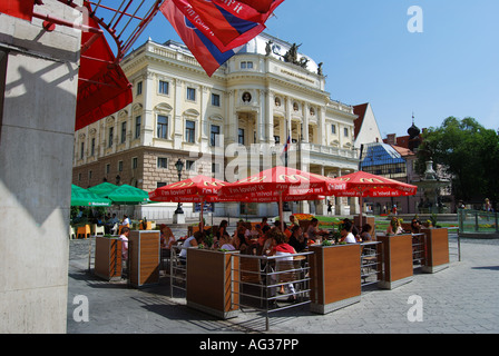 MacDonald's Restaurant outdoor seating, Hviezdoslav Square, Old Town, Bratislava, Bratislavia Region, Slovakia Stock Photo